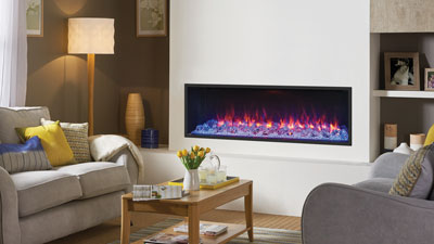 A 53" three-sided built in electric fireplace which features Chromalight Immersive LED technology and an assortment of fuel effects.