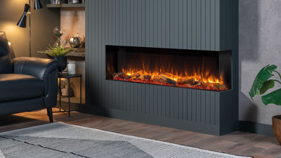 A 60" three-sided built in electric fireplace which features Chromalight Immersive LED technology and an assortment of fuel effects.