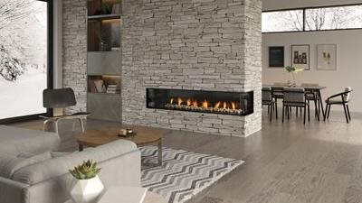 Extra-Large fireplace with a 72" linear burner. The clean uninterrupted view of the flame is enhanced by two sides of viewing and is zero clearance for design flexibility.