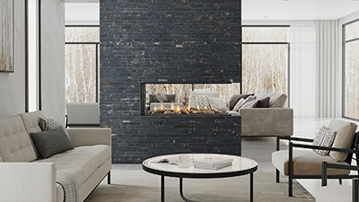 Large fireplace with a 50" linear burner. The clean uninterrupted view of the flame is enhanced by three sides of viewing allowing for the fire to be enjoyed in multiple rooms and is zero clearance for design flexibility.