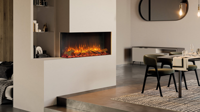 A 43" three-sided electric fireplace which features Chromalight Immersive LED technology and an assortment of fuel effects.