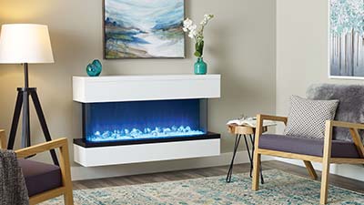 A multi-sided electric fireplace that can be installed in a three sided bay, left corner or right corner orientation.