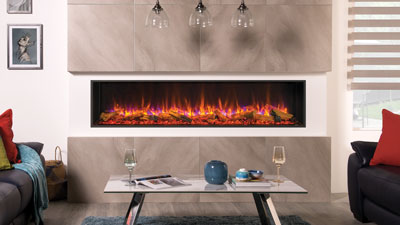 A 77" single-sided built in electric fireplace which features Chromalight Immersive LED technology and an assortment of fuel effects.