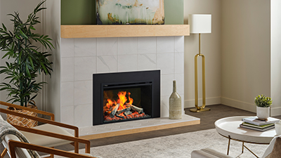 A 29" fireplace insert featuring advanced LCD flame display technology, an ultra-realistic firebed, and an assortment of dynamic fuel effects.