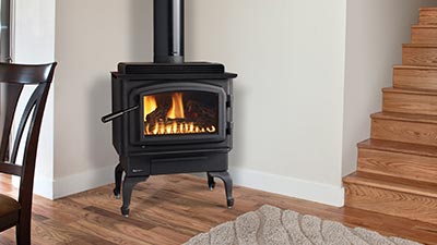 The Regency Classic Gas Stove mirrors the authentic styling of a wood stove with all the convenience of gas. This small direct vent gas stove is available with a pedestal or cast iron legs and in black or with nickel accents. 

