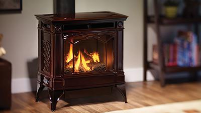 Large freestanding gas stove. Transform a room with this beautiful cast iron direct vent gas stove which is available in three finishes.