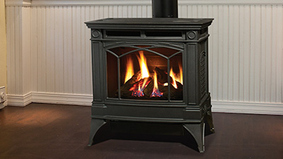 Large freestanding gas stove with electronic ignition. Transform a room with this beautiful cast iron direct vent gas stove which is available in three finishes.