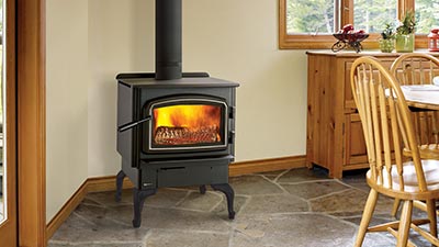 The F2450 is a Medium non-catalytic wood stove, comes with your choice of pedestal or legs and it is available in black or with nickel accents.
